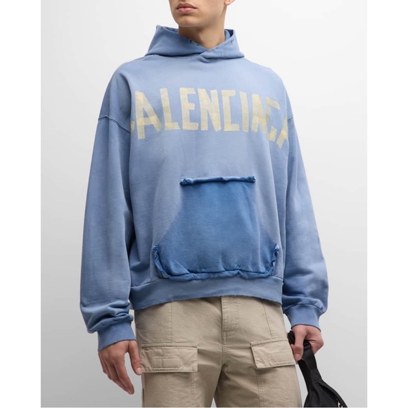Balenciaga Other - Balenciaga Men's Logo Tape Distressed Ripped Pocket Hoodie Oversized Faded Blue